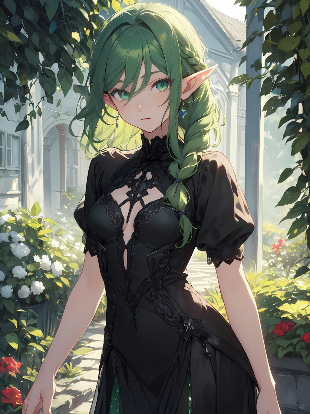 黒いドレスを着た緑眼のエルフ