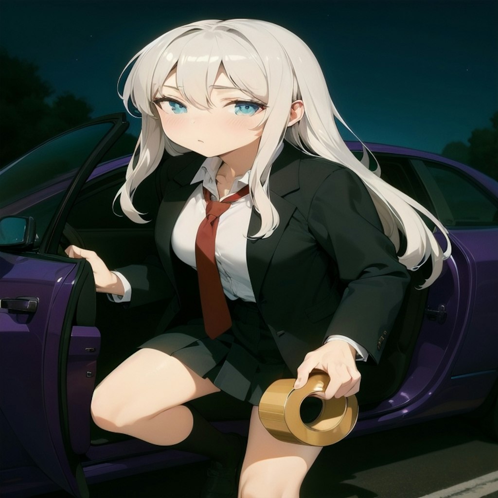 バンパーを割ってしまって補修ガムテープ持って降りる銀髪の少女