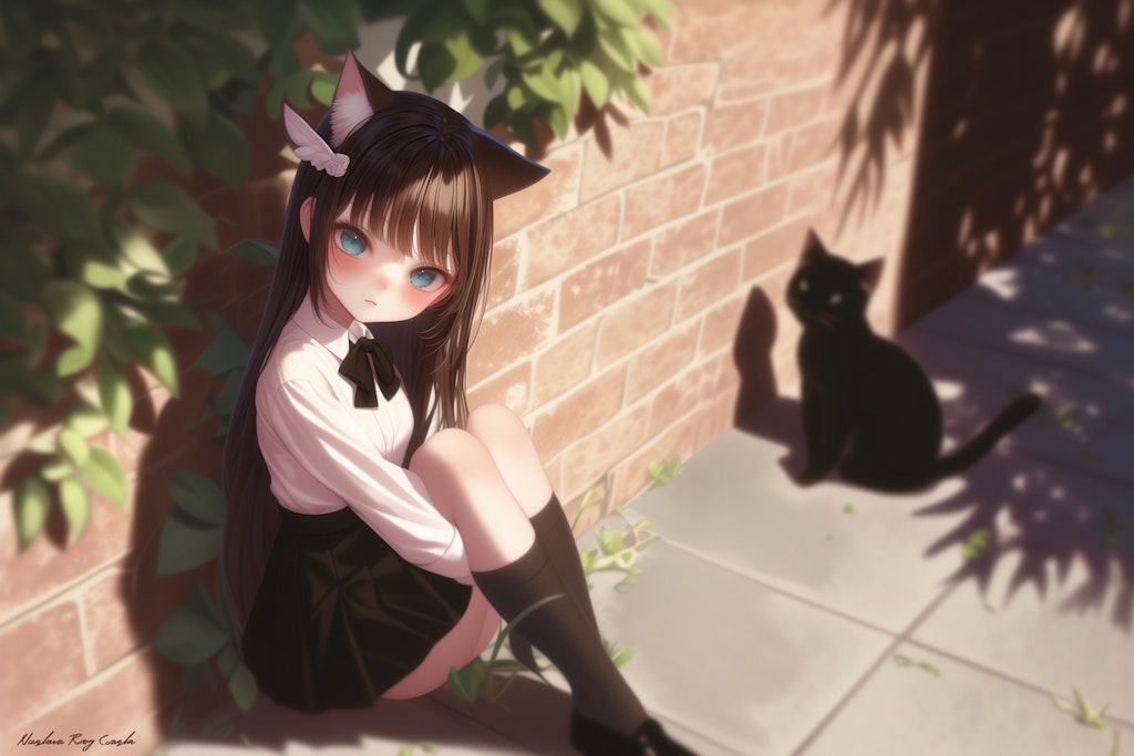 猫耳少女と黒猫