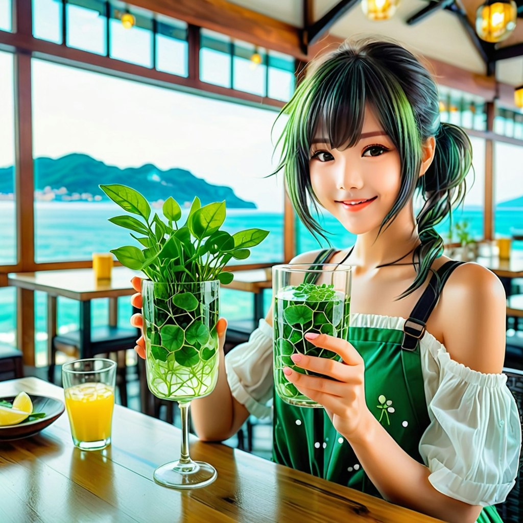 海浜食堂で植物性飲料_フォト