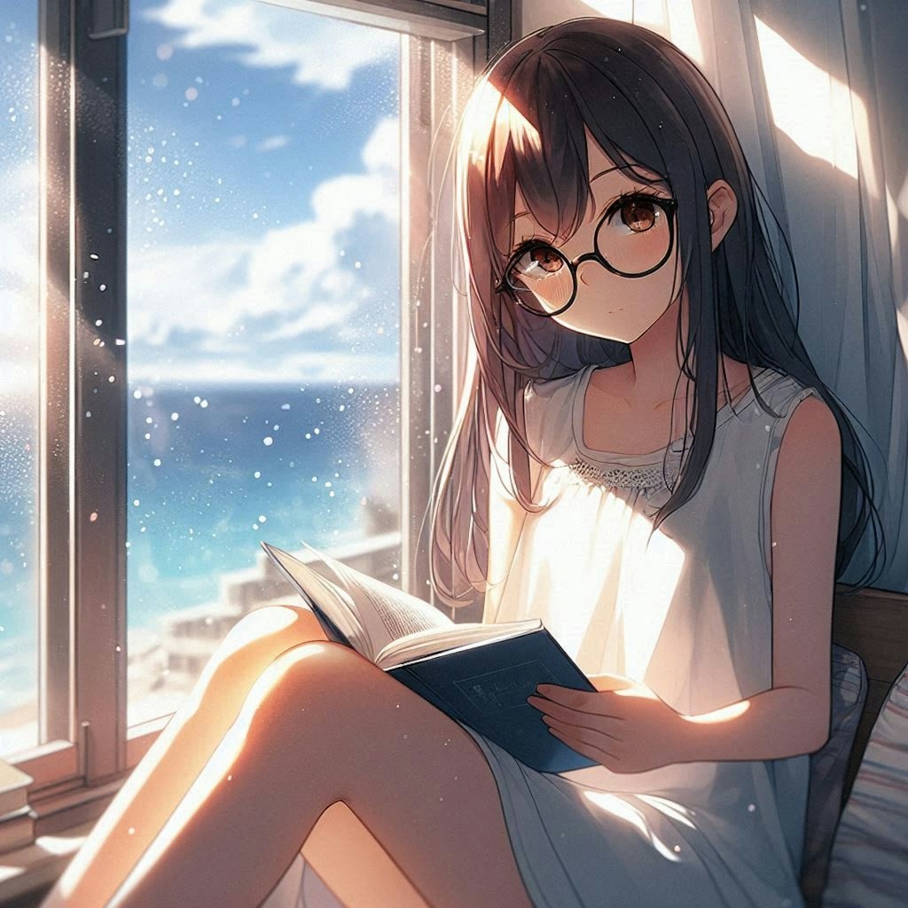 窓辺で本を読む少女