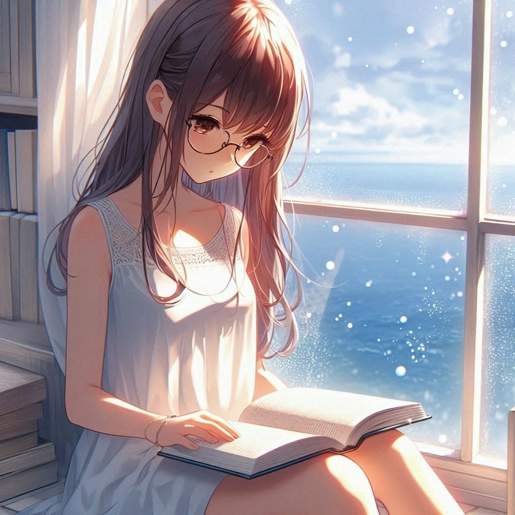 窓辺で本を読む少女