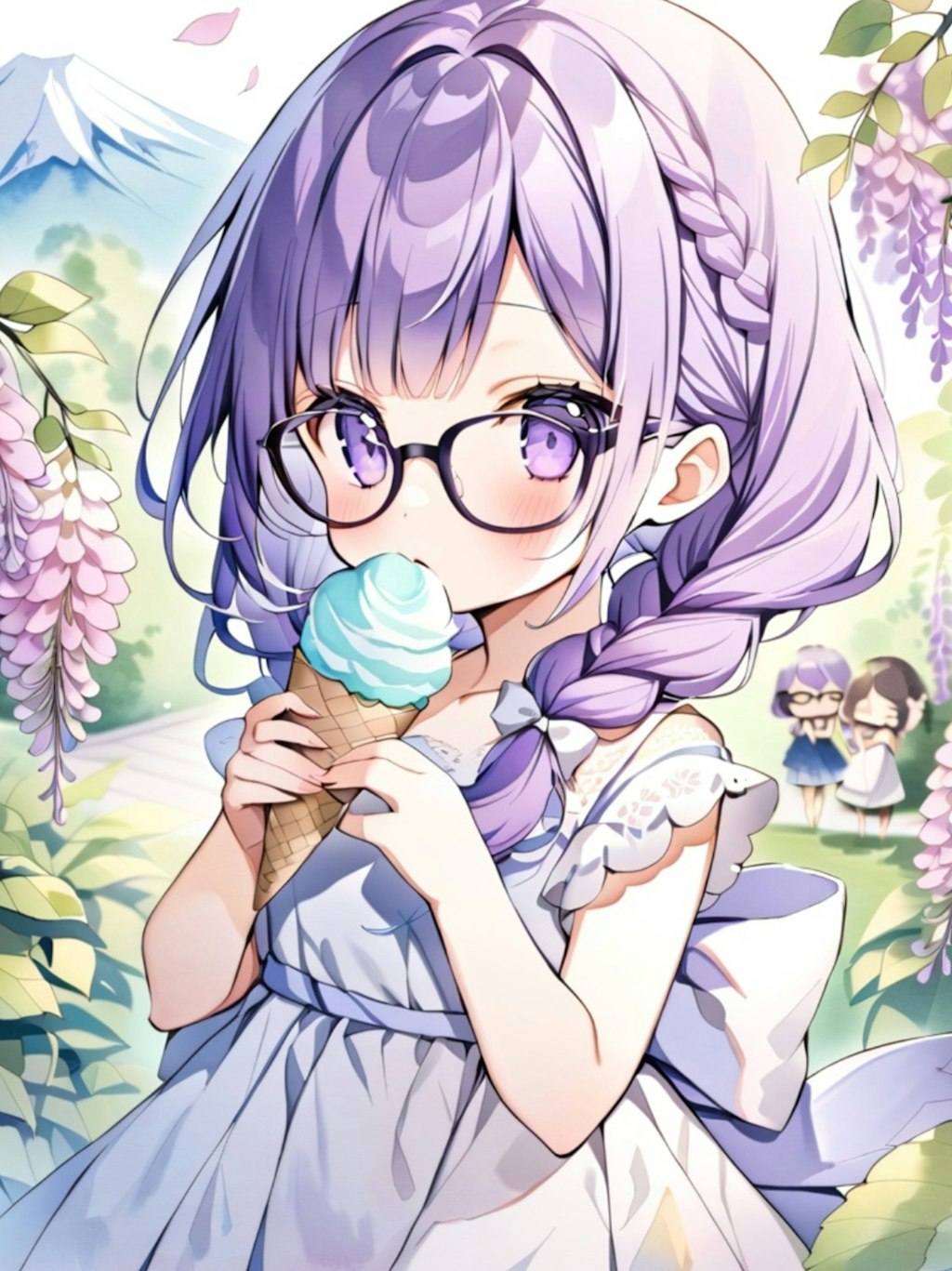 眼鏡三つ編みの紫ちゃんと藤の花