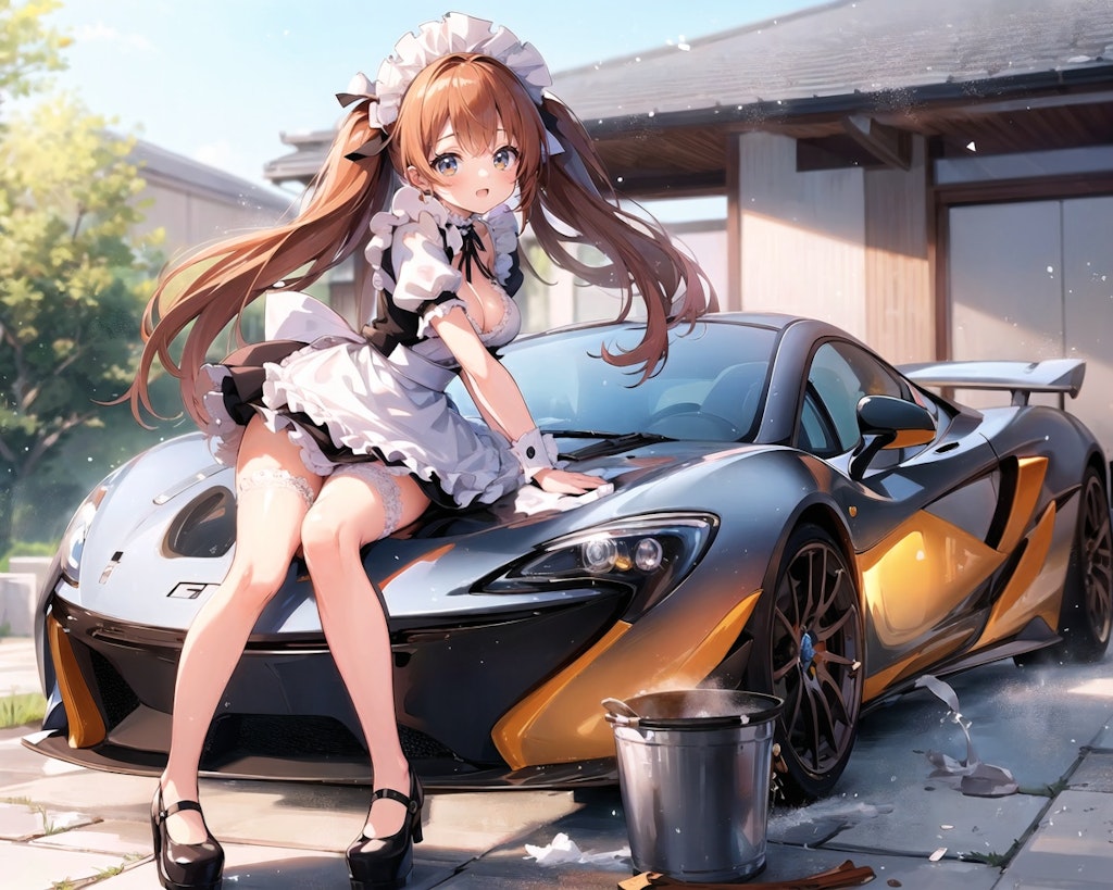 愛車を洗車してくれるメイドちゃん