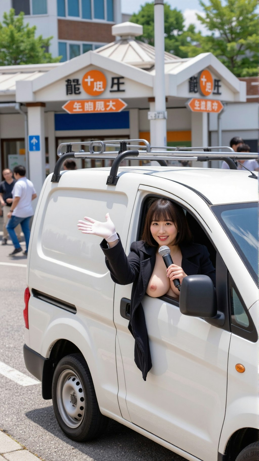 選挙カーに乗って、汗ばんだシャツを脱いだら、後輩にマイクを渡され、上着だけの格好でウグイス嬢にw