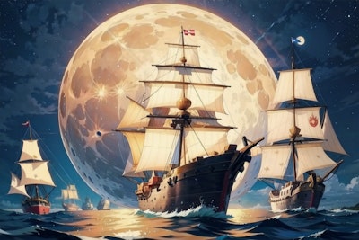 満月とガレオン船