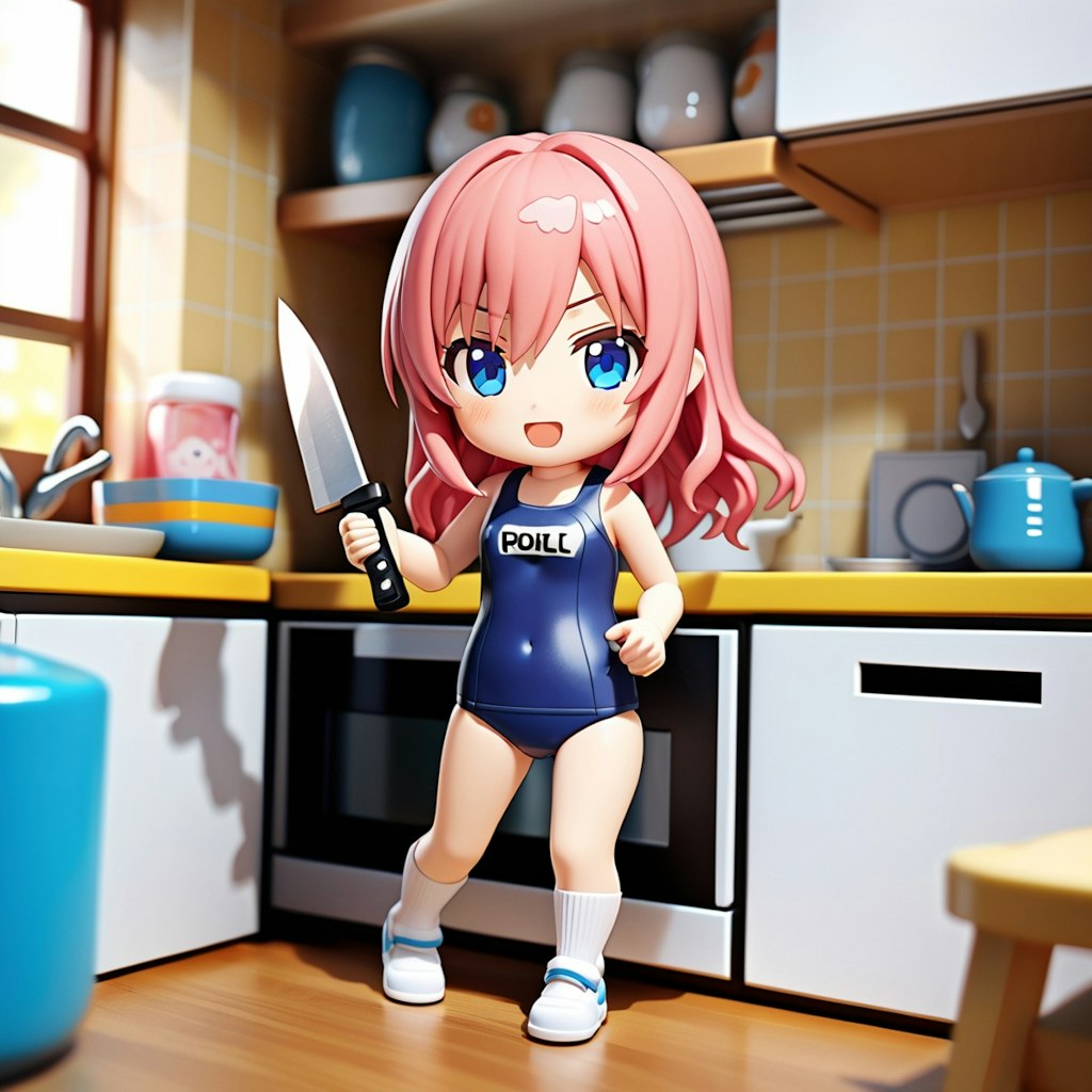 ねんどろいど風のスク水で料理する娘さん