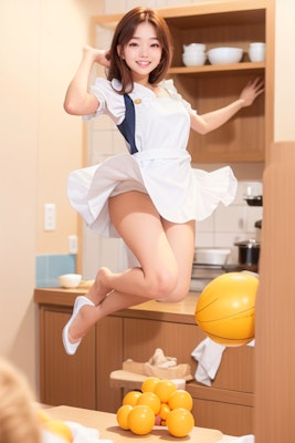 台所でジャンプする女の子