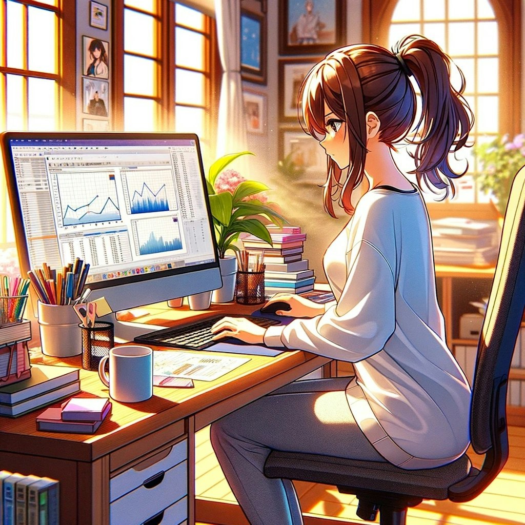 自宅の書斎でパソコンで作業をしている茶髪ポニーテールの女性