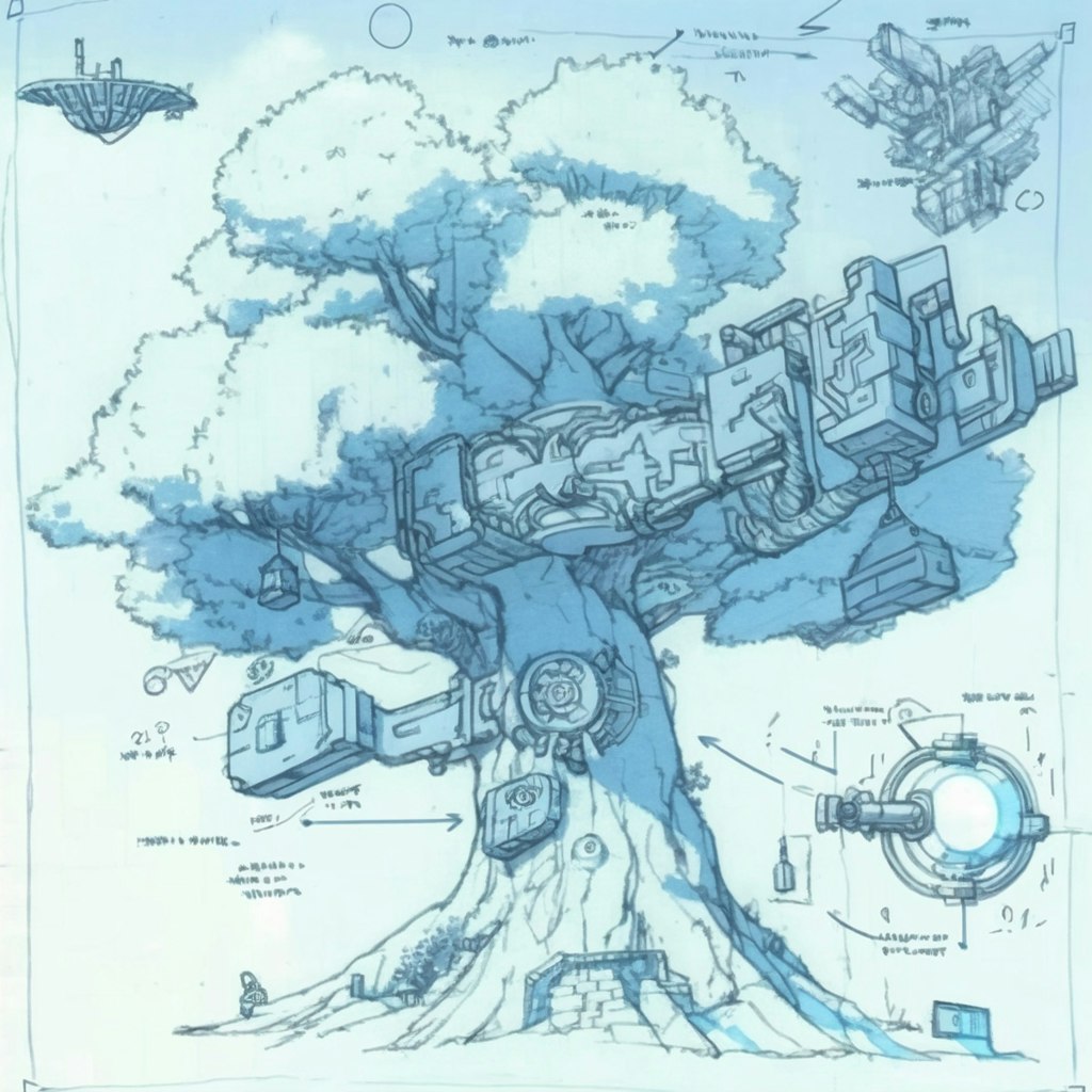 機械と融合した浮遊する樹木の設計図