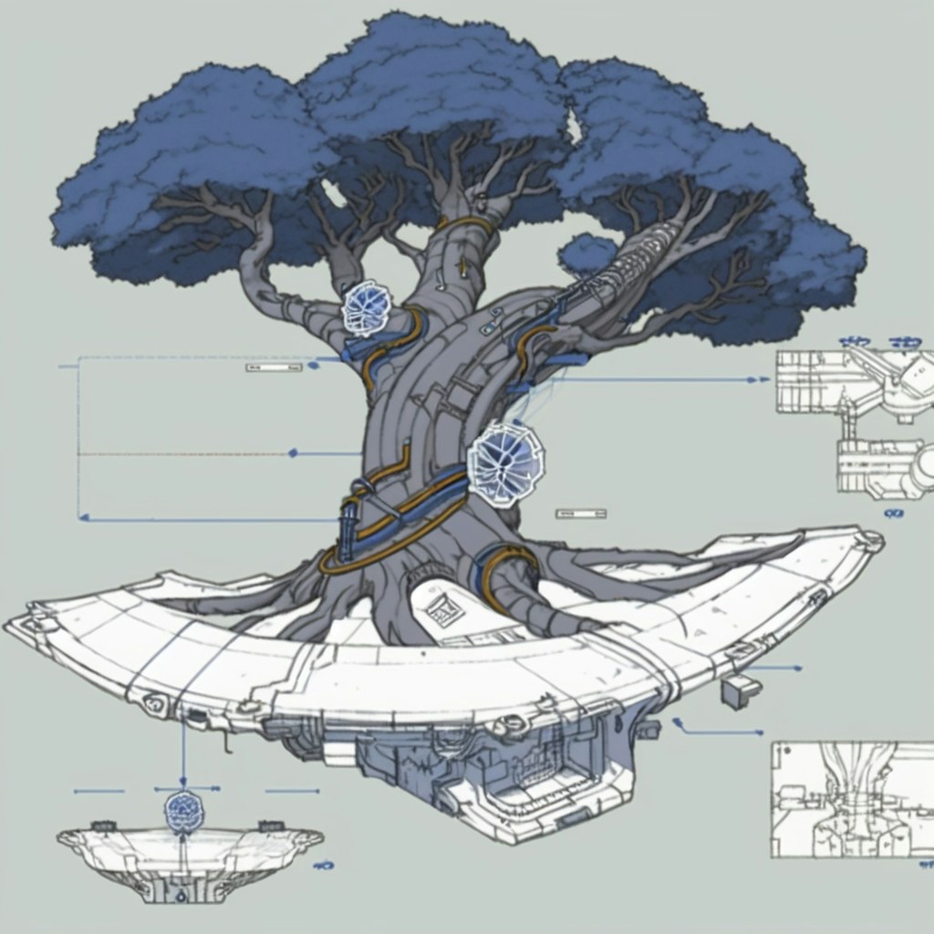 機械と融合した浮遊する樹木の設計図