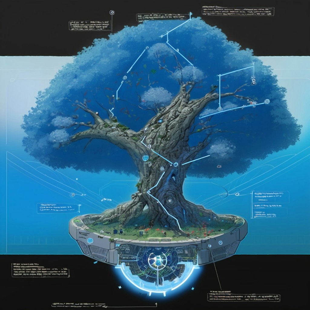 機械と融合した浮遊する樹木の設計図