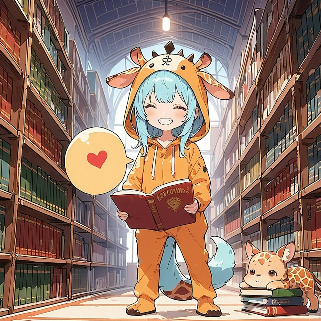 図書館で読書するキリン着ぐるみちび子ちゃん