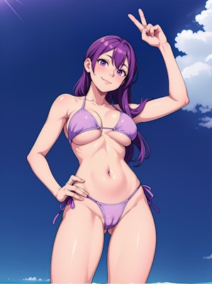 紫ビキニ水着少女