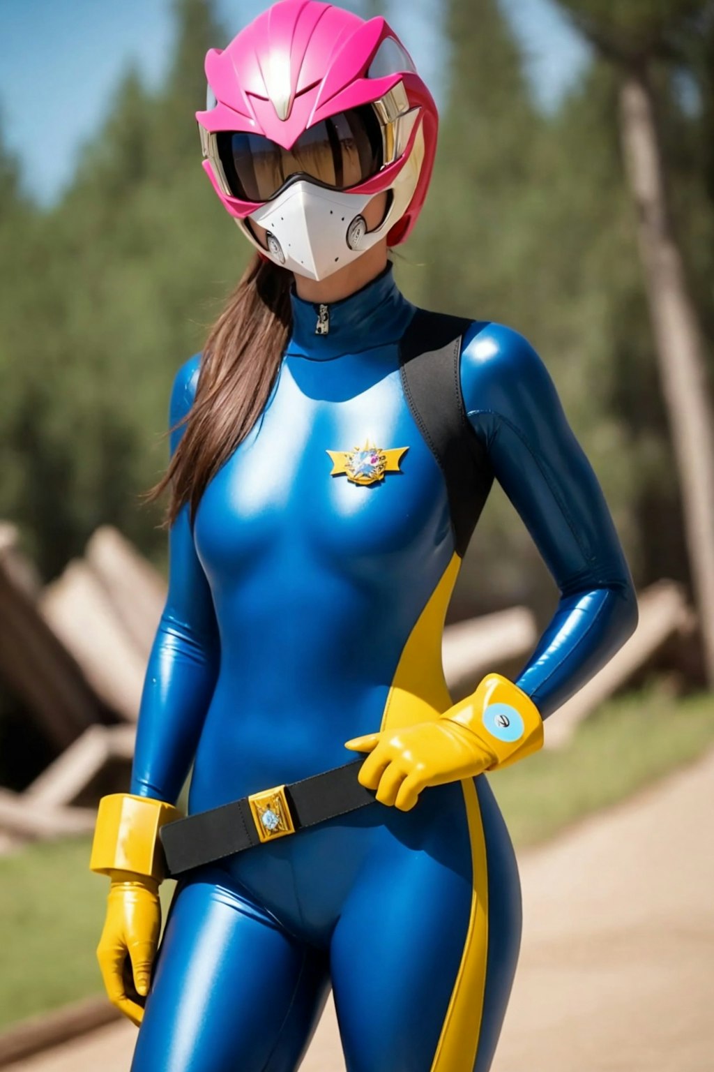 Sentai Pink in blue catsuit