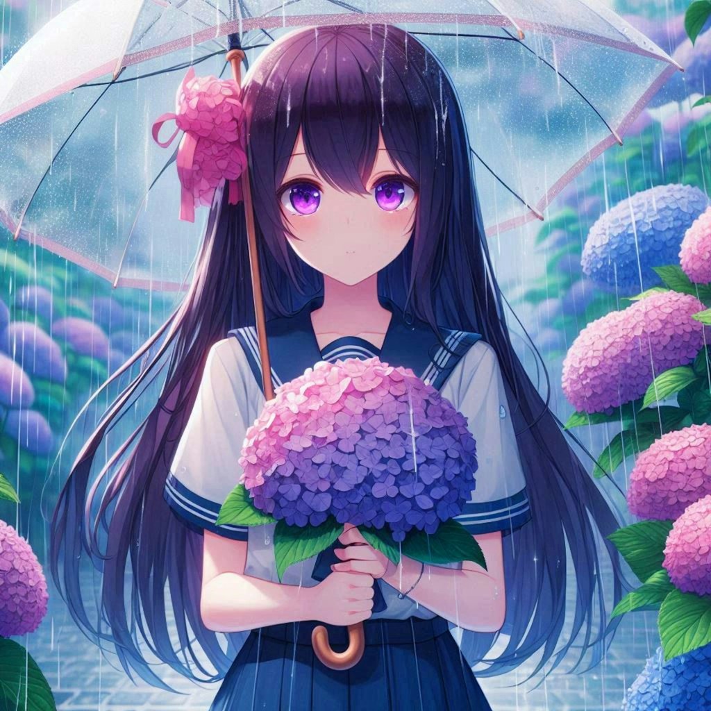 傘をさしたセーラー服なうちの子と、紫陽花＊その1-2(7枚)