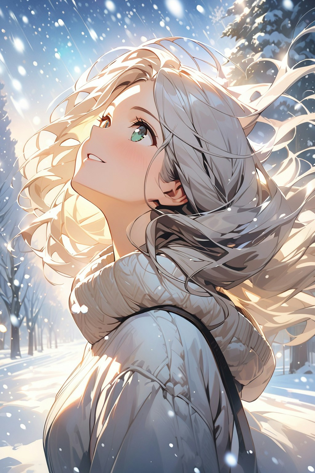 雪を見上げる女性
