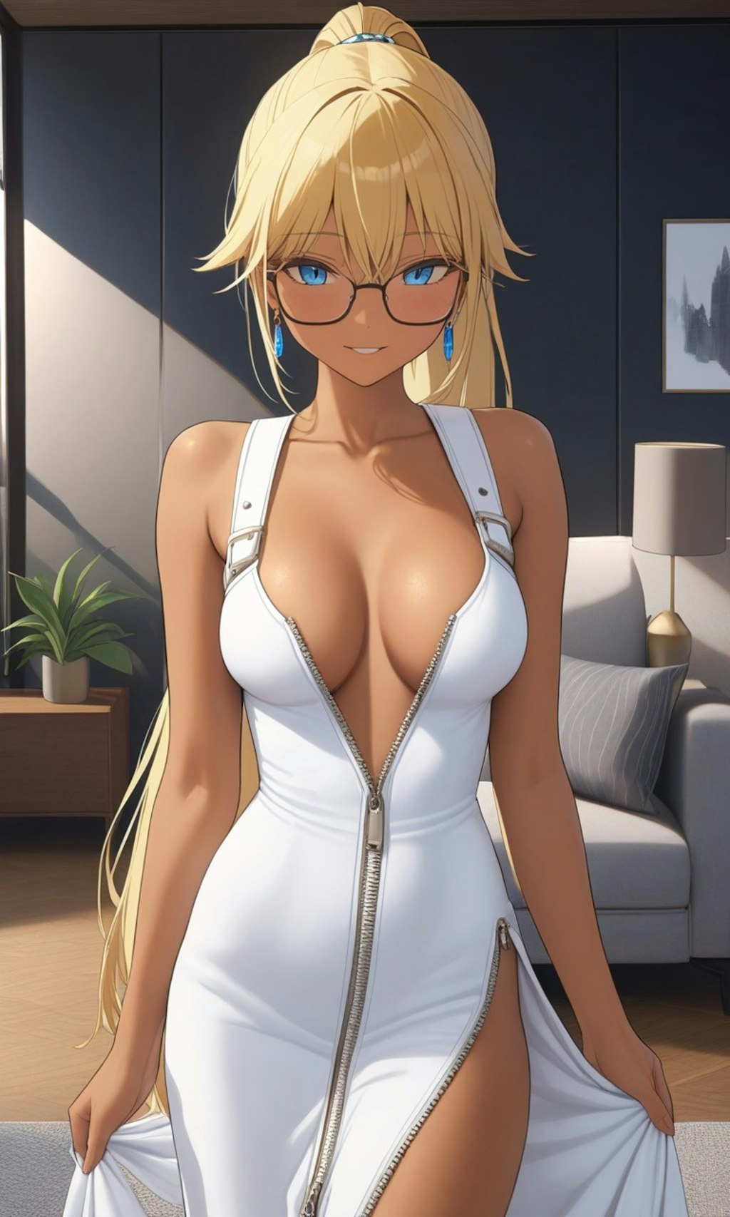 ジッパードレスの金髪ポニーテール少女