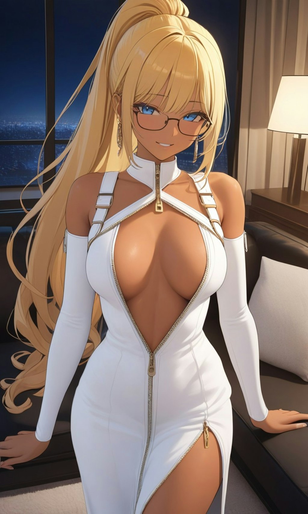 ジッパードレスの金髪ポニーテール少女
