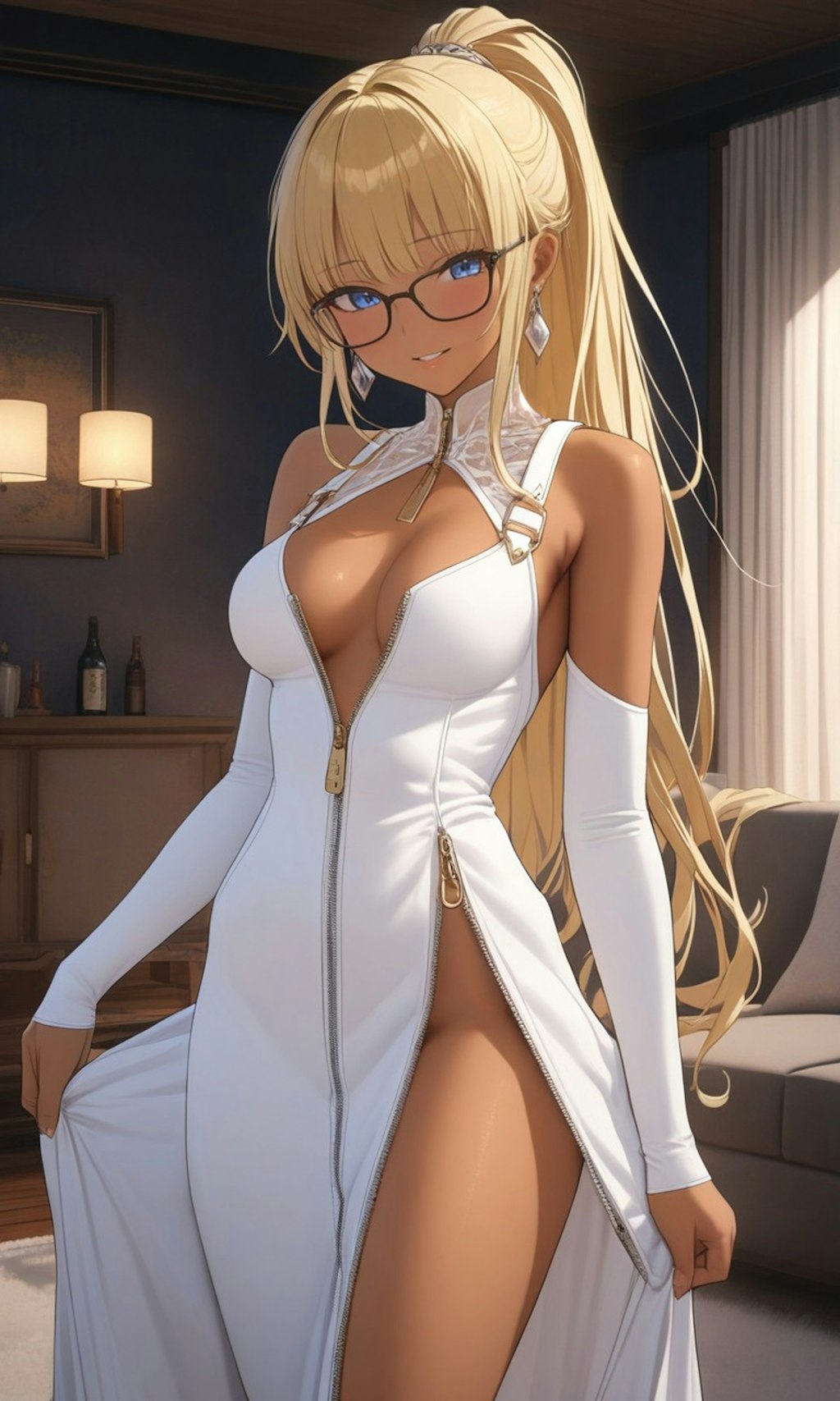 ジッパードレスの金髪ポニーテール少女