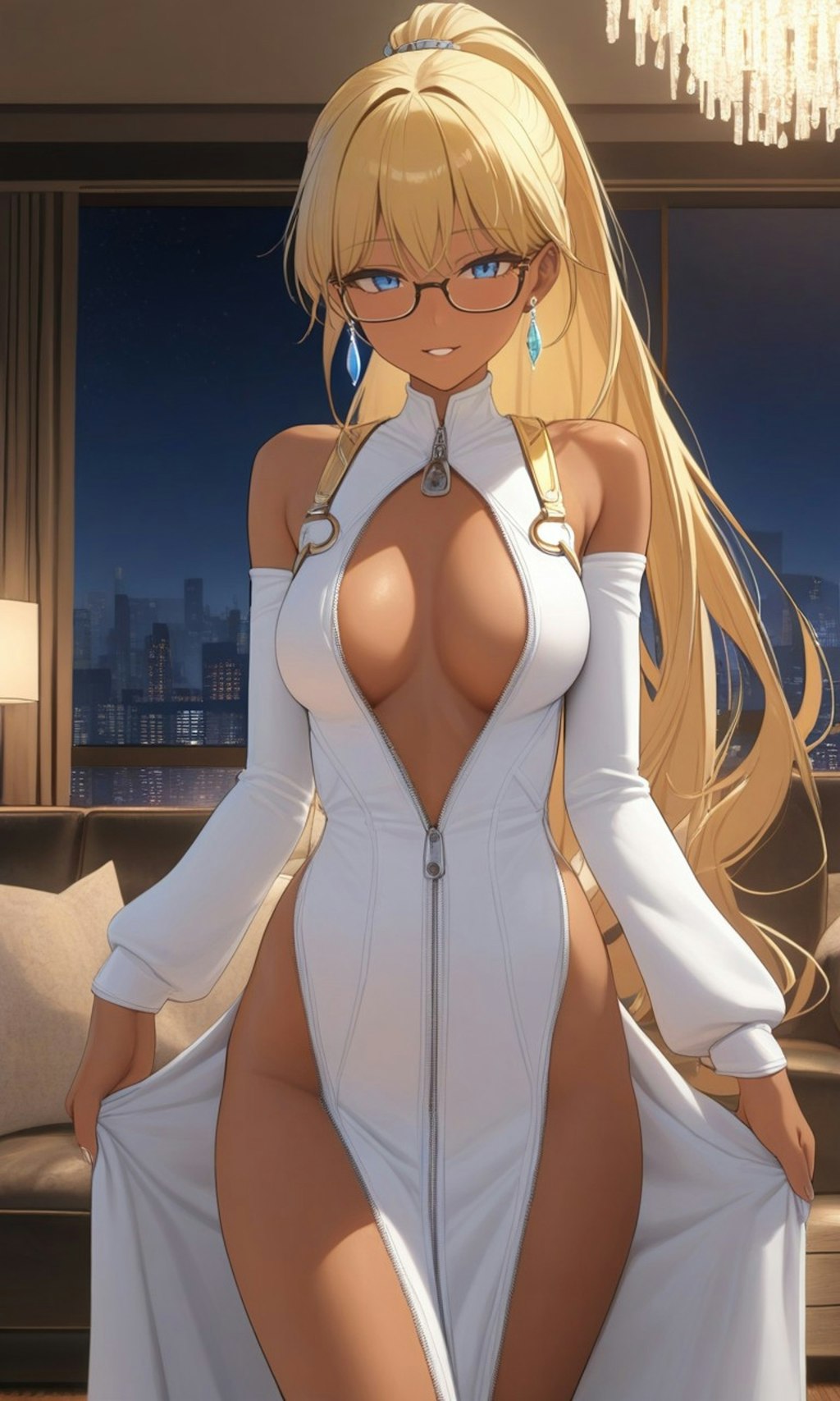 ジッパードレスの金髪ポニーテール少女