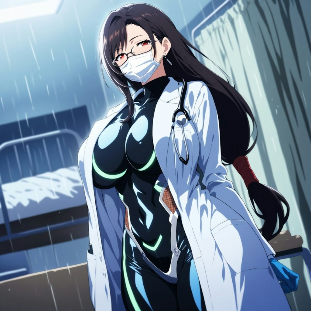 水彩アニメ風市場の医師白衣ボディスーツコスプレ人妻