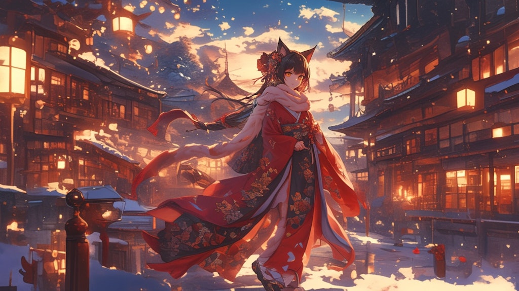 紅狐の灯が彩る、雪夜の幻想舞