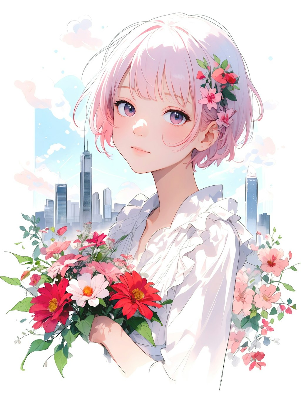 flower and short hair girl