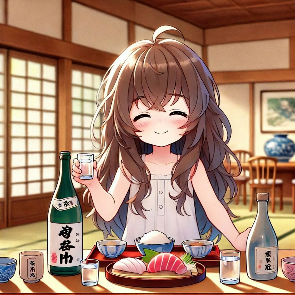 旅館で日本酒をがぶ飲みする小さな女の子