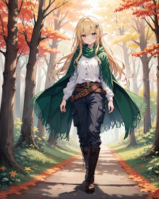 マフラーとポンチョ姿で秋の森を歩くエルフ魔女