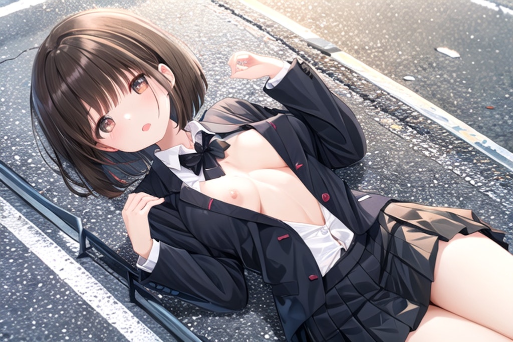 道路に寝そべる女の子