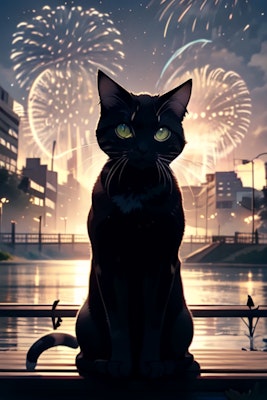 黒猫と花火