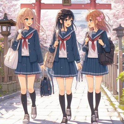 女子高生3人組、鳥居と桜の花びらで