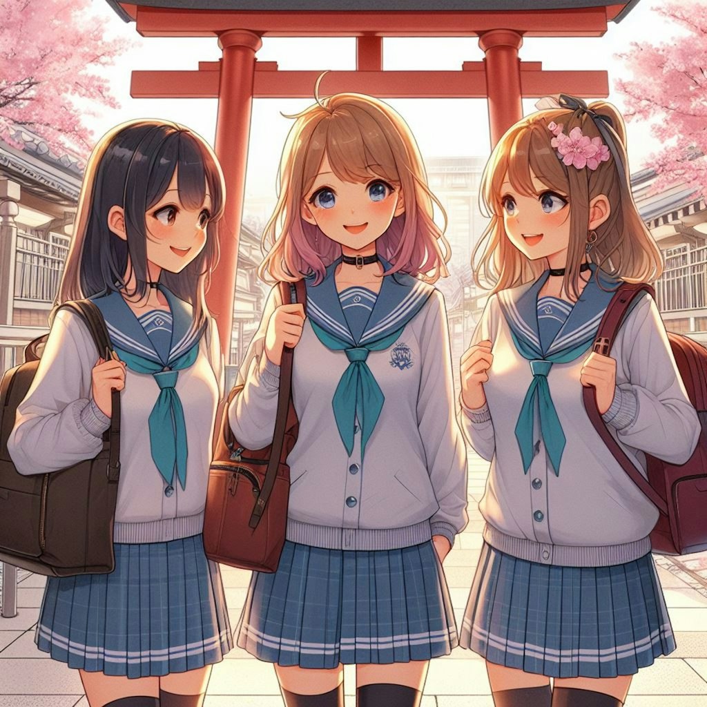 女子高生3人組、鳥居と桜の花びらで