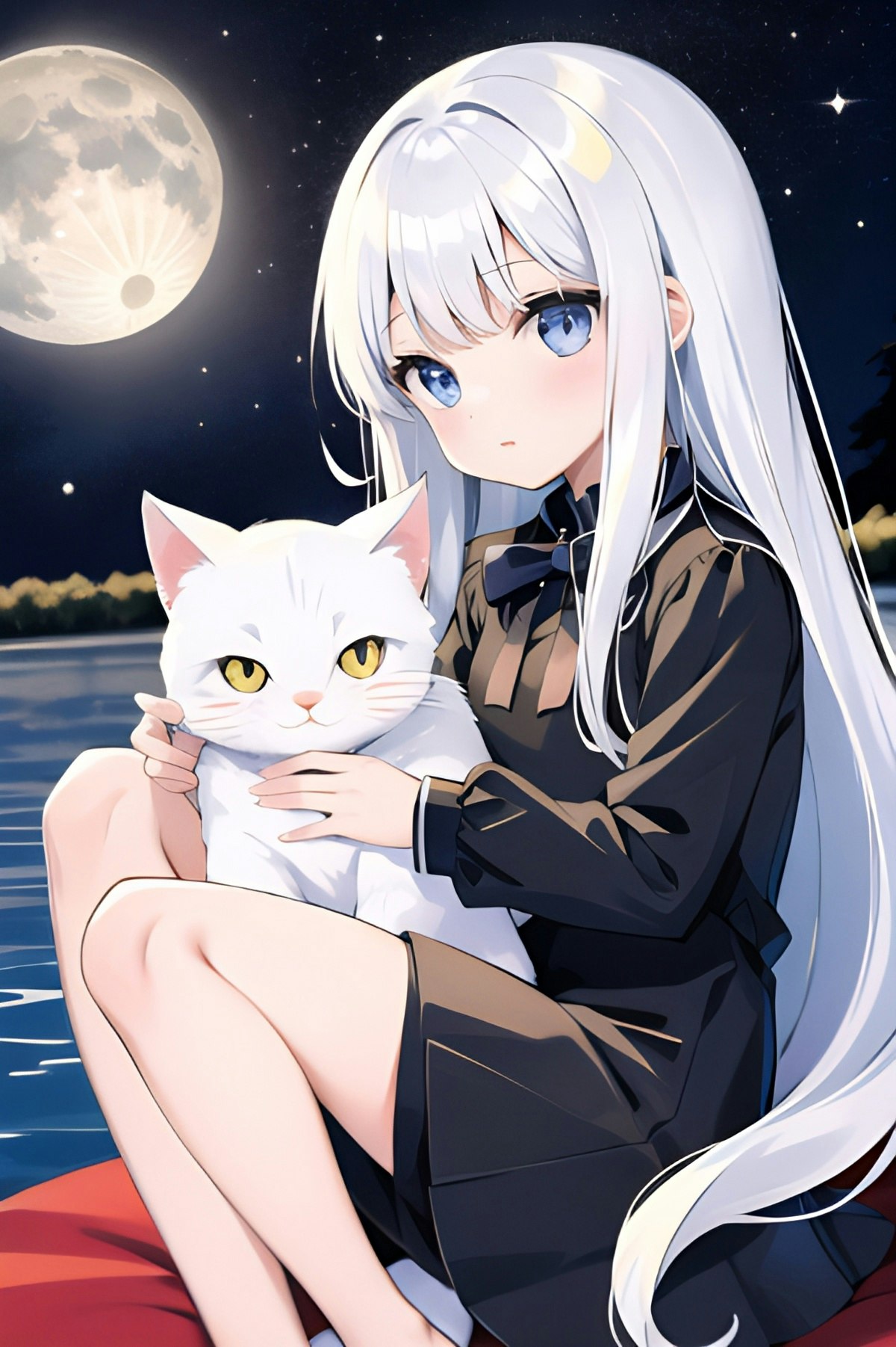 月と猫と。 白猫 | chichi-pui（ちちぷい）AIイラスト専用の投稿サイト
