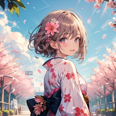 桜並木と着物美少女