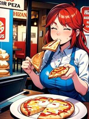 ピザを食べる赤髪少女