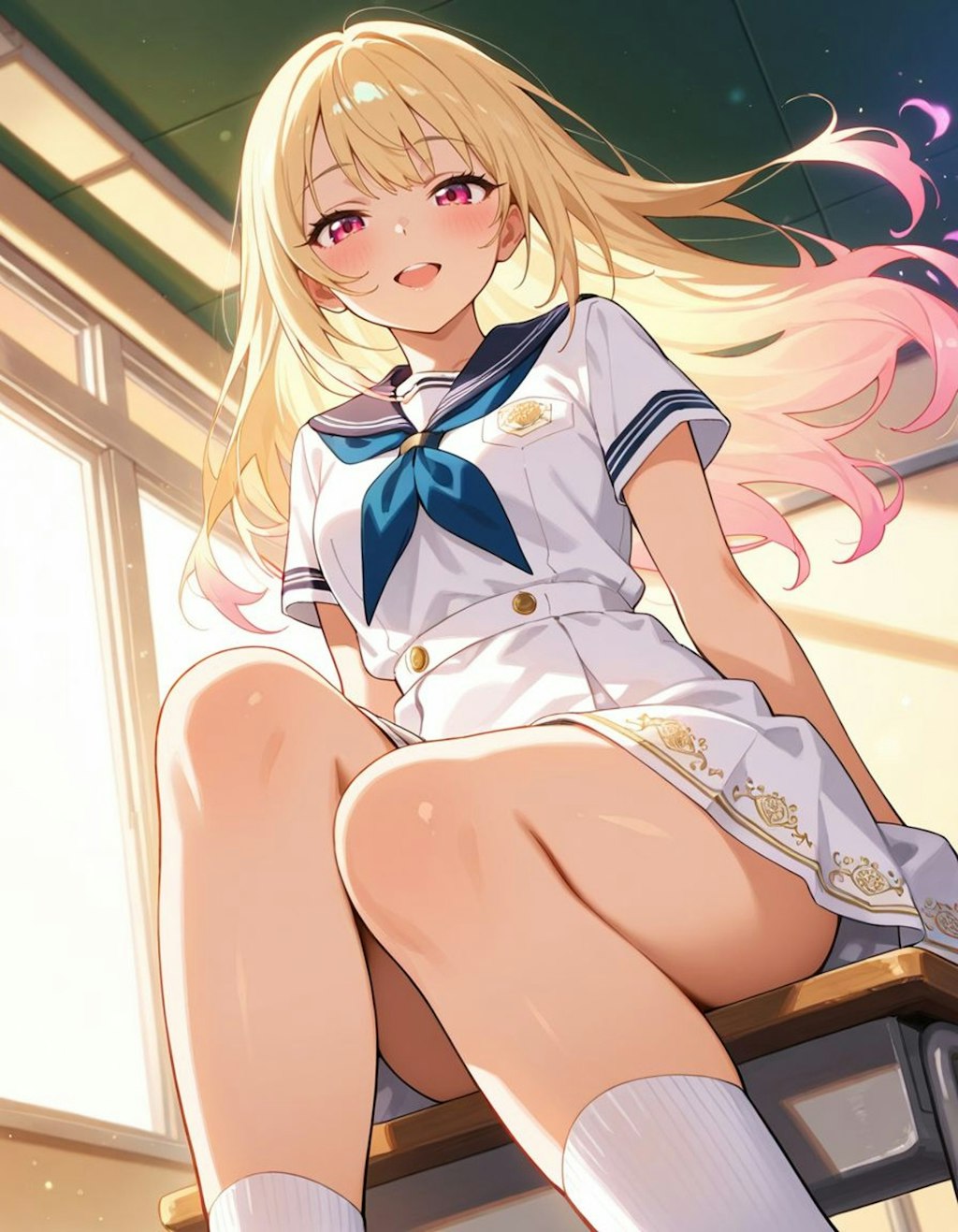 学校の教室に座る女の子