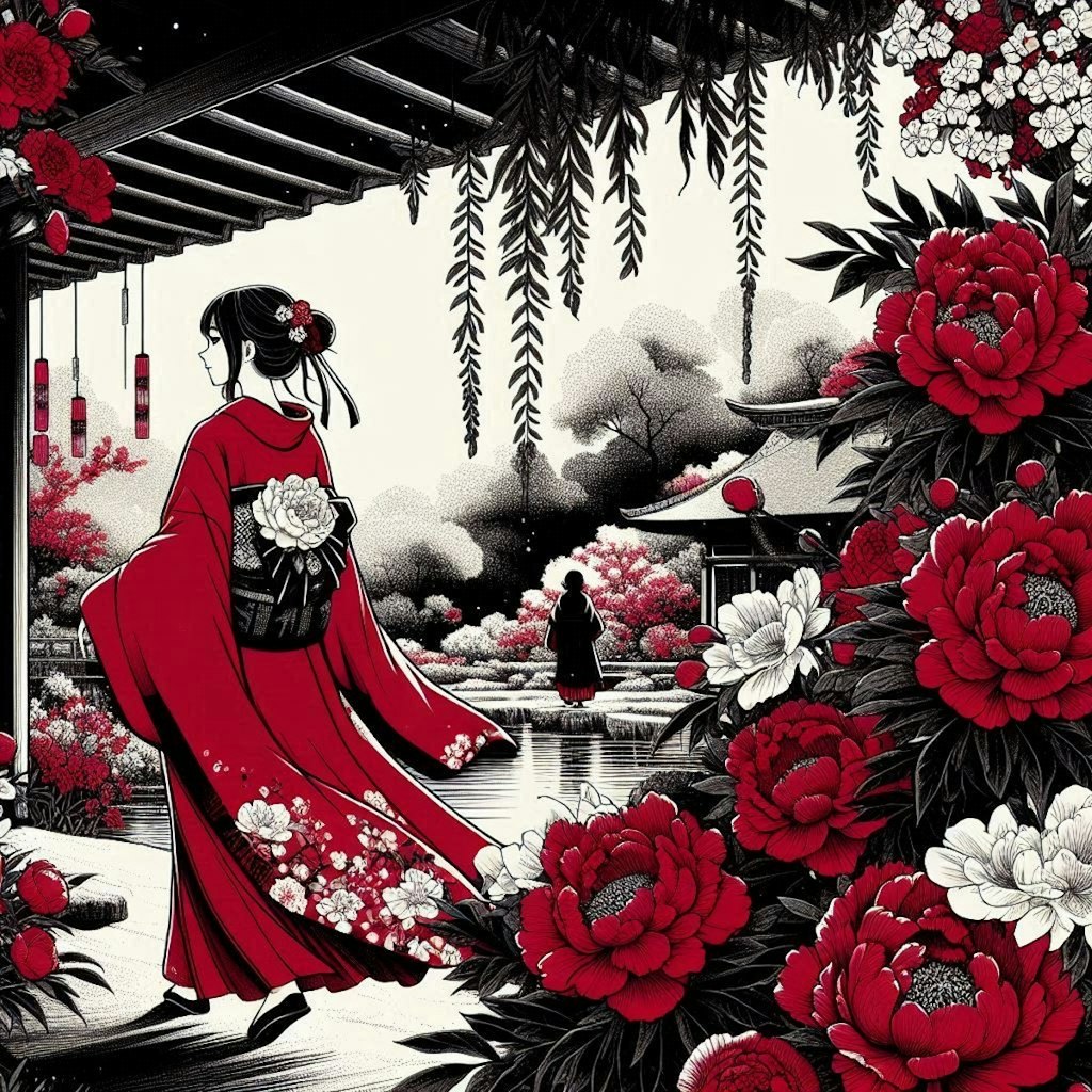 情熱の赤「牡丹の日本庭園」