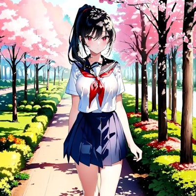 桜の木の下を歩く制服少女