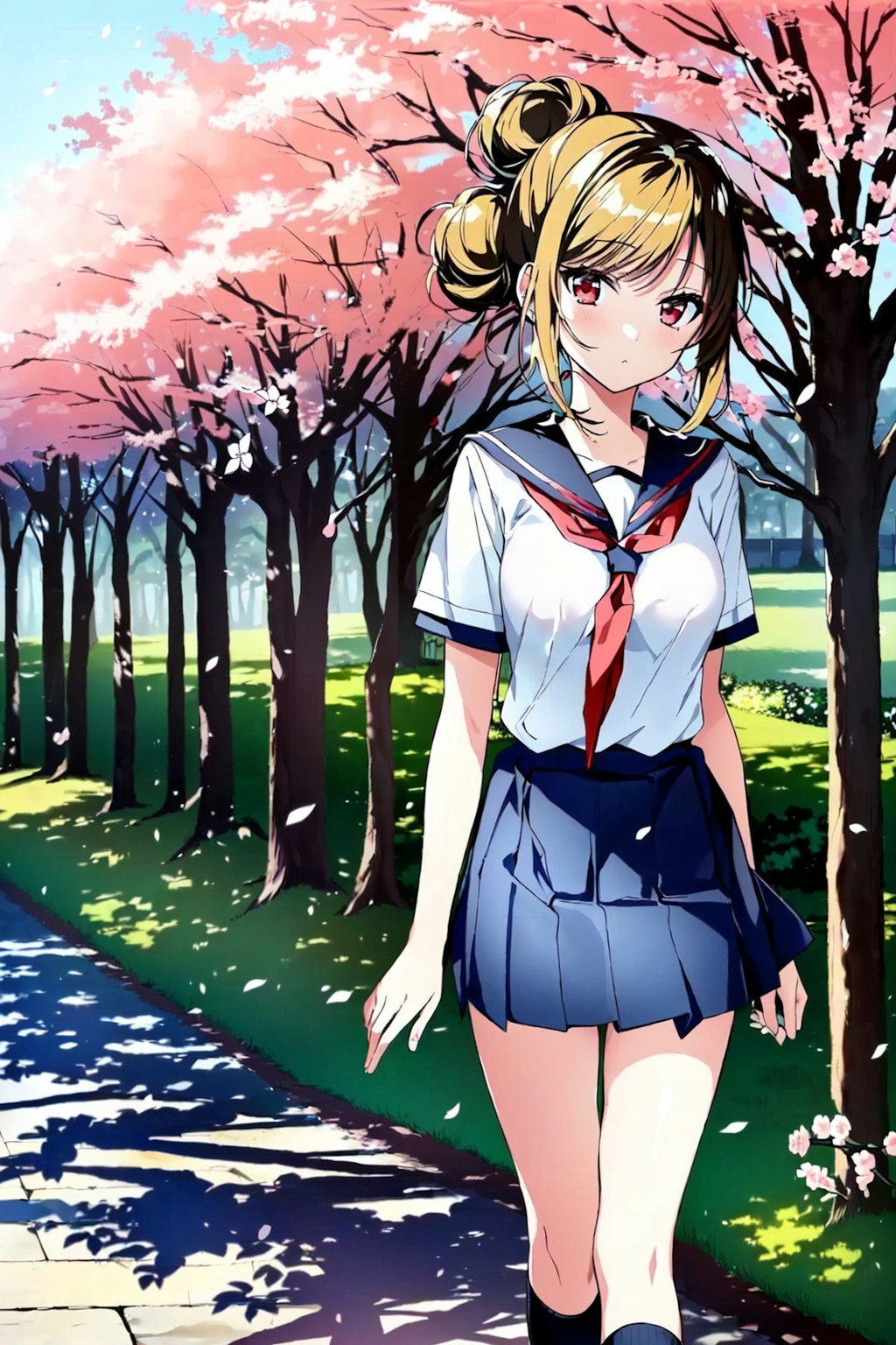 桜の木の下を歩く制服少女