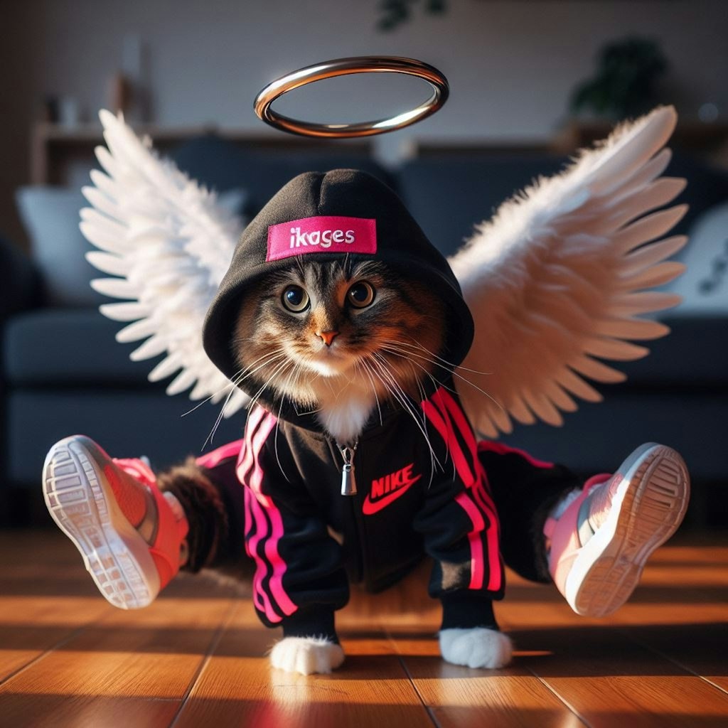 スポーツウェアを着た天使猫