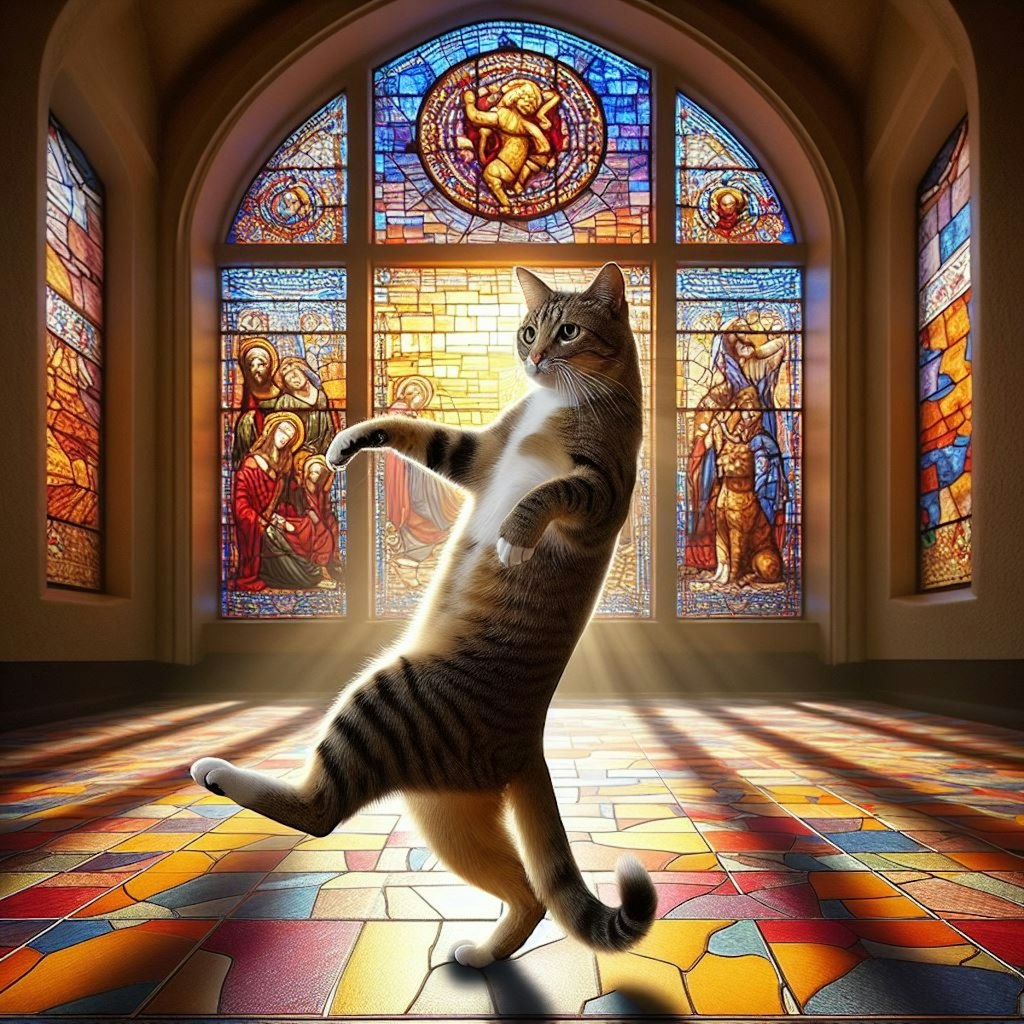 ステンドグラスで踊る猫
