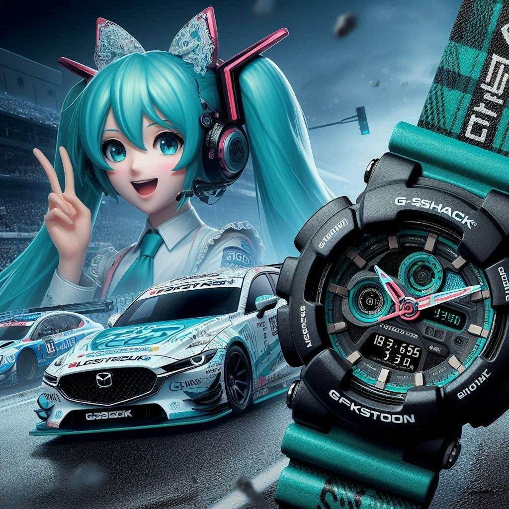 G-SHOCKカラーのマツダCX-30レーシングカーと初音ミク