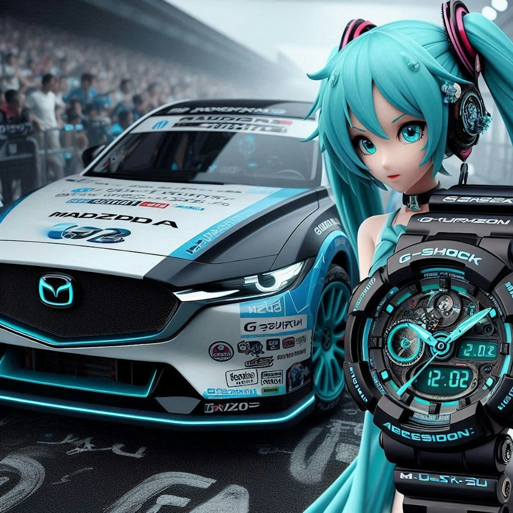 G-SHOCKカラーのマツダCX-30レーシングカーと初音ミク