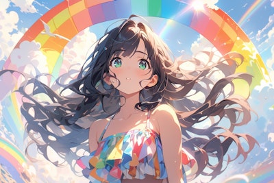 2枚] 虹と水着少女