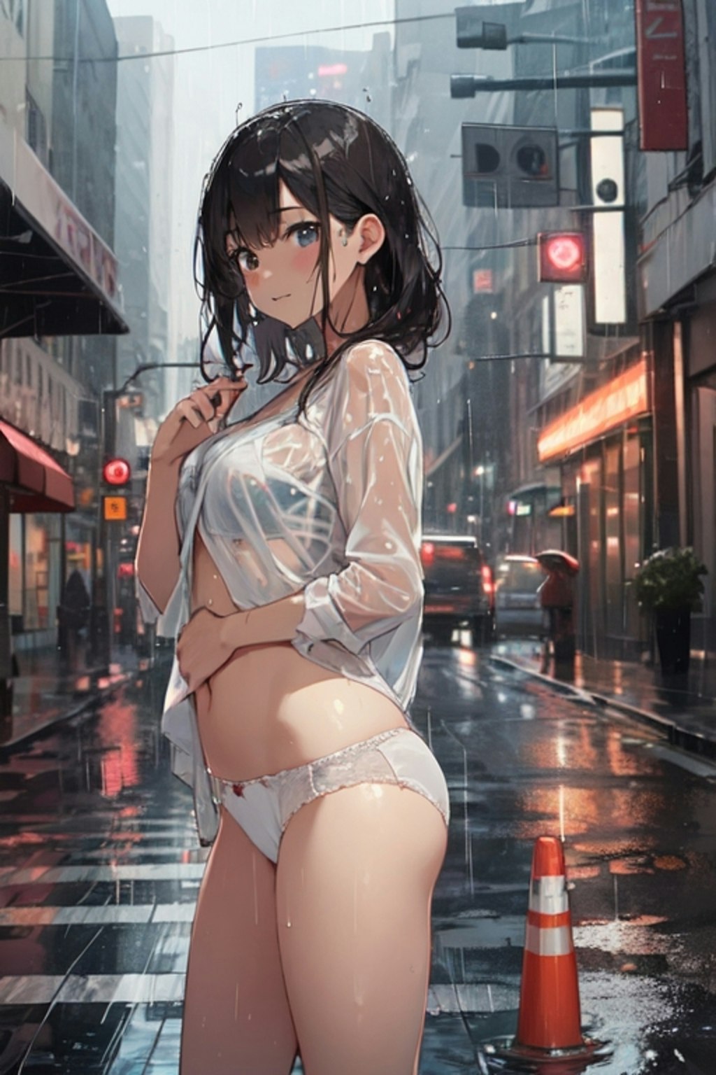 雨の中、下着姿で佇む少女達