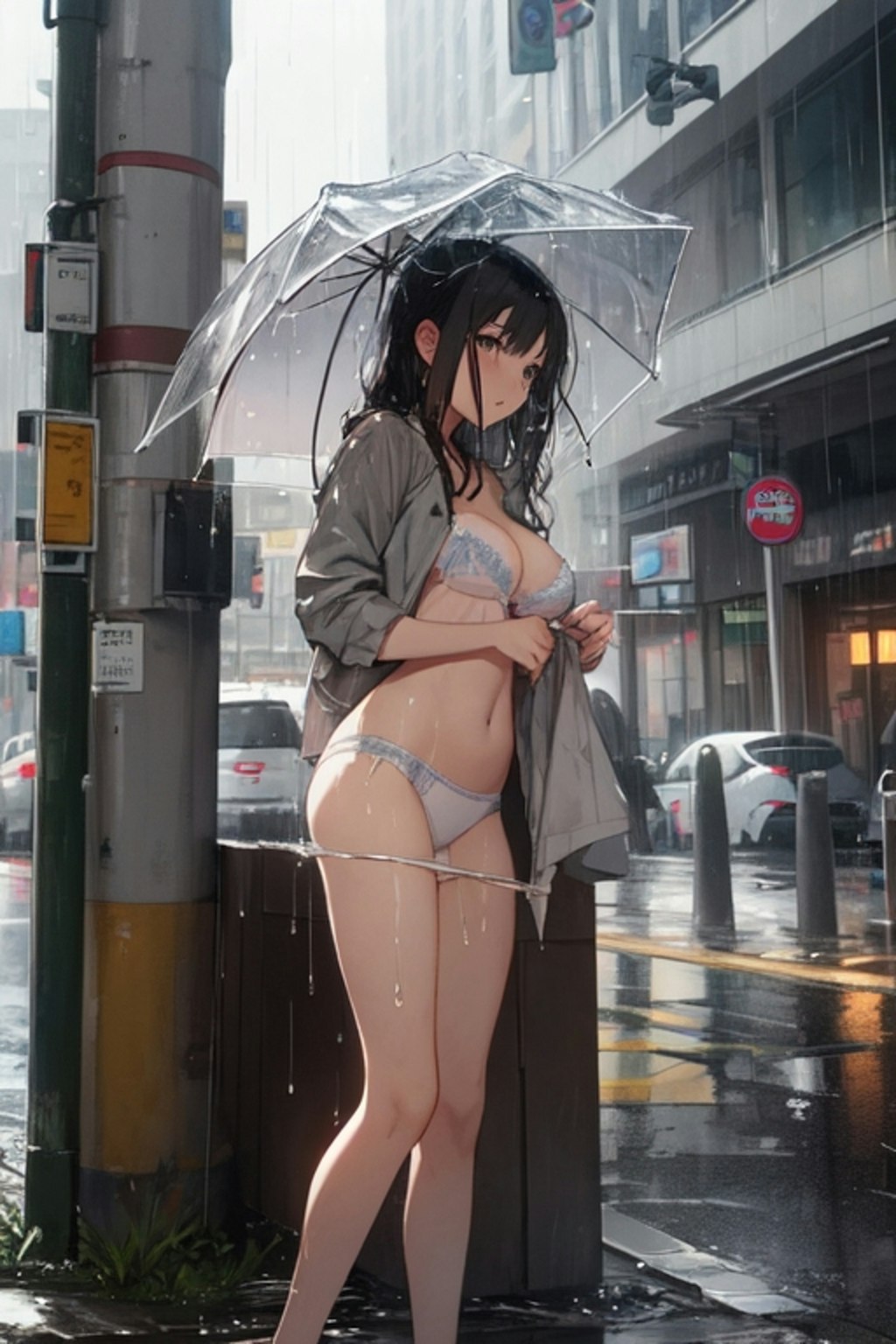 雨の中、下着姿で佇む少女達