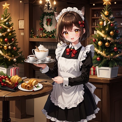 クリスマス料理を配膳する喫茶店で働く猫娘