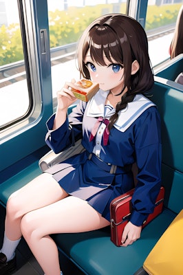寝坊して朝ごはん食べれなかったから電車の中で食べてる女の子